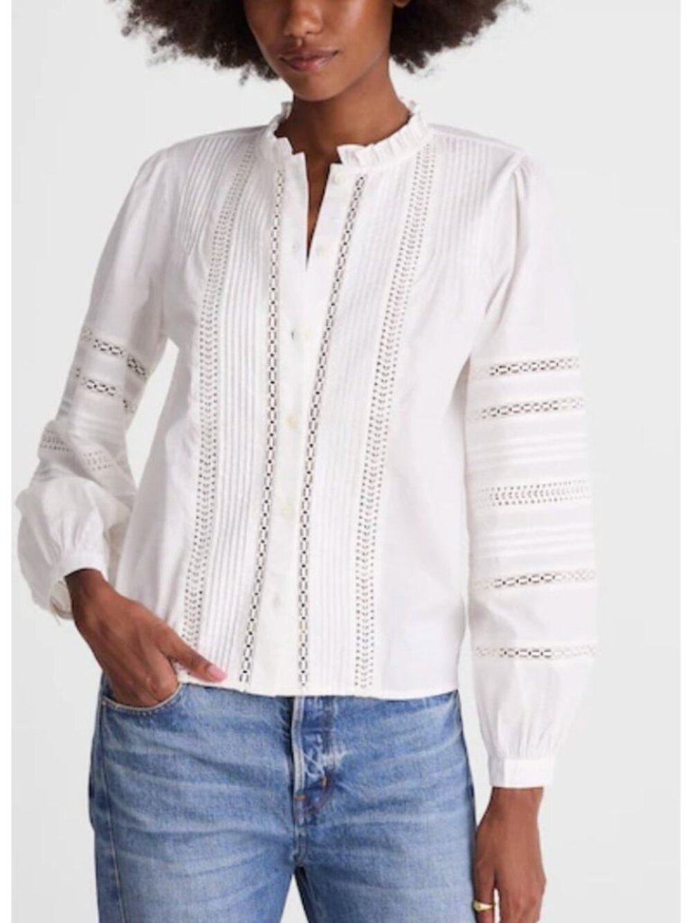 Madewell Lace-Insert High-Neck Pintuck Top Blouse 100% Cotton White XS